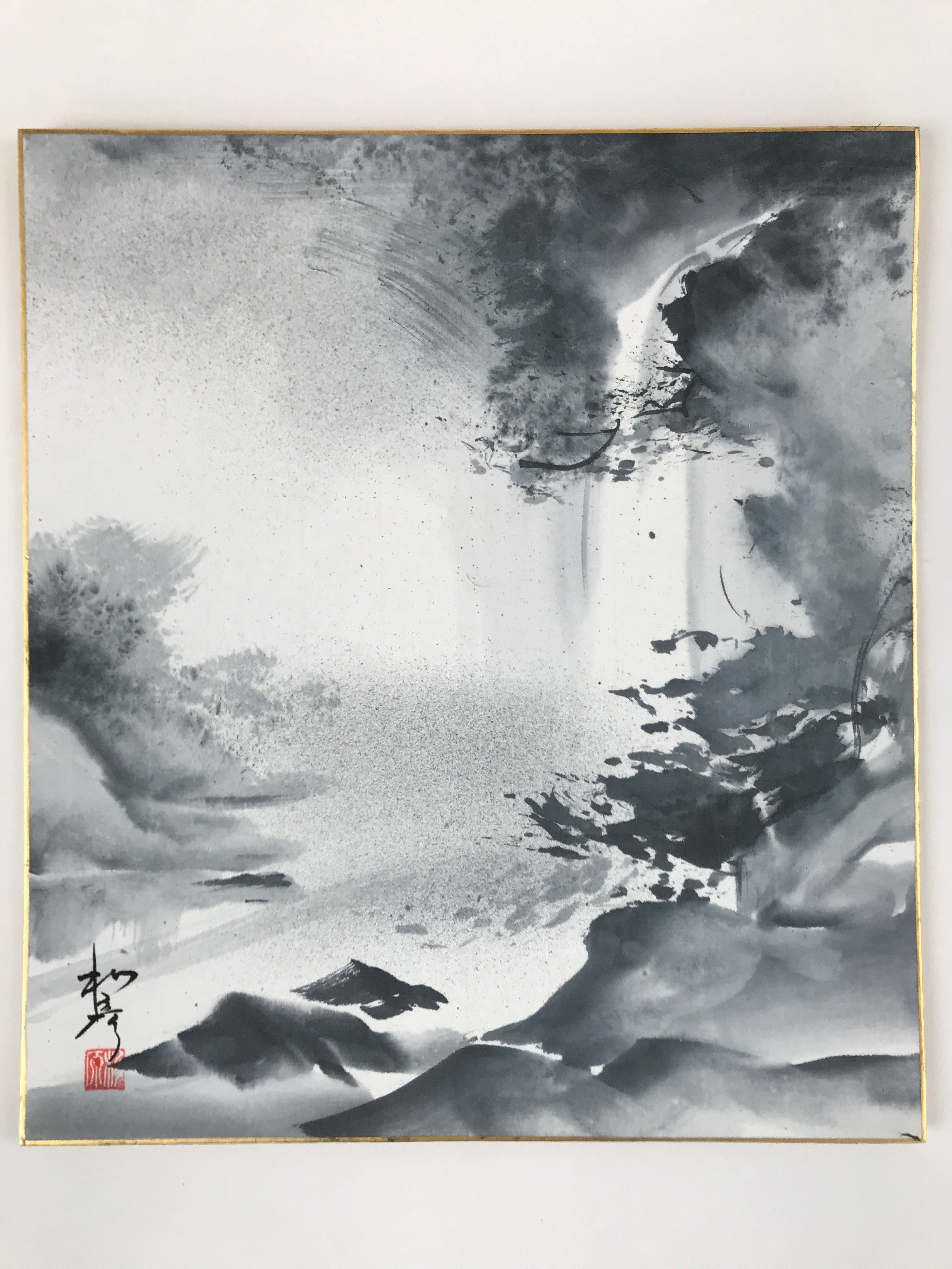 Japanese Shikishi Art Board Vtg Sumi-e Waterfall Landscape Monochrome A628
