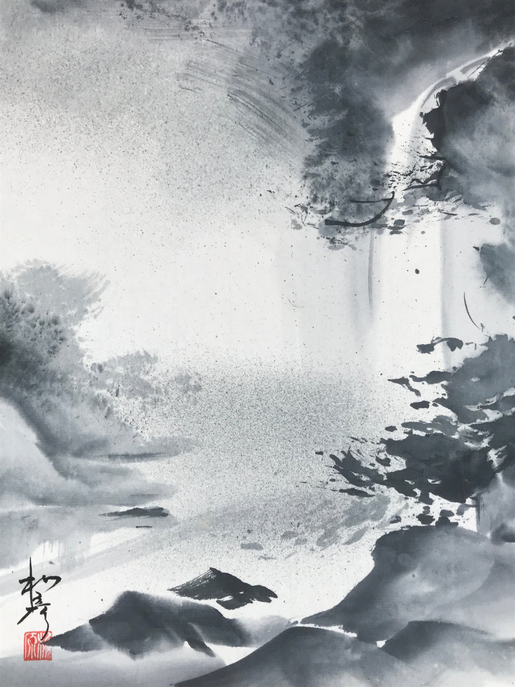 Japanese Shikishi Art Board Vtg Sumi-e Waterfall Landscape Monochrome A628