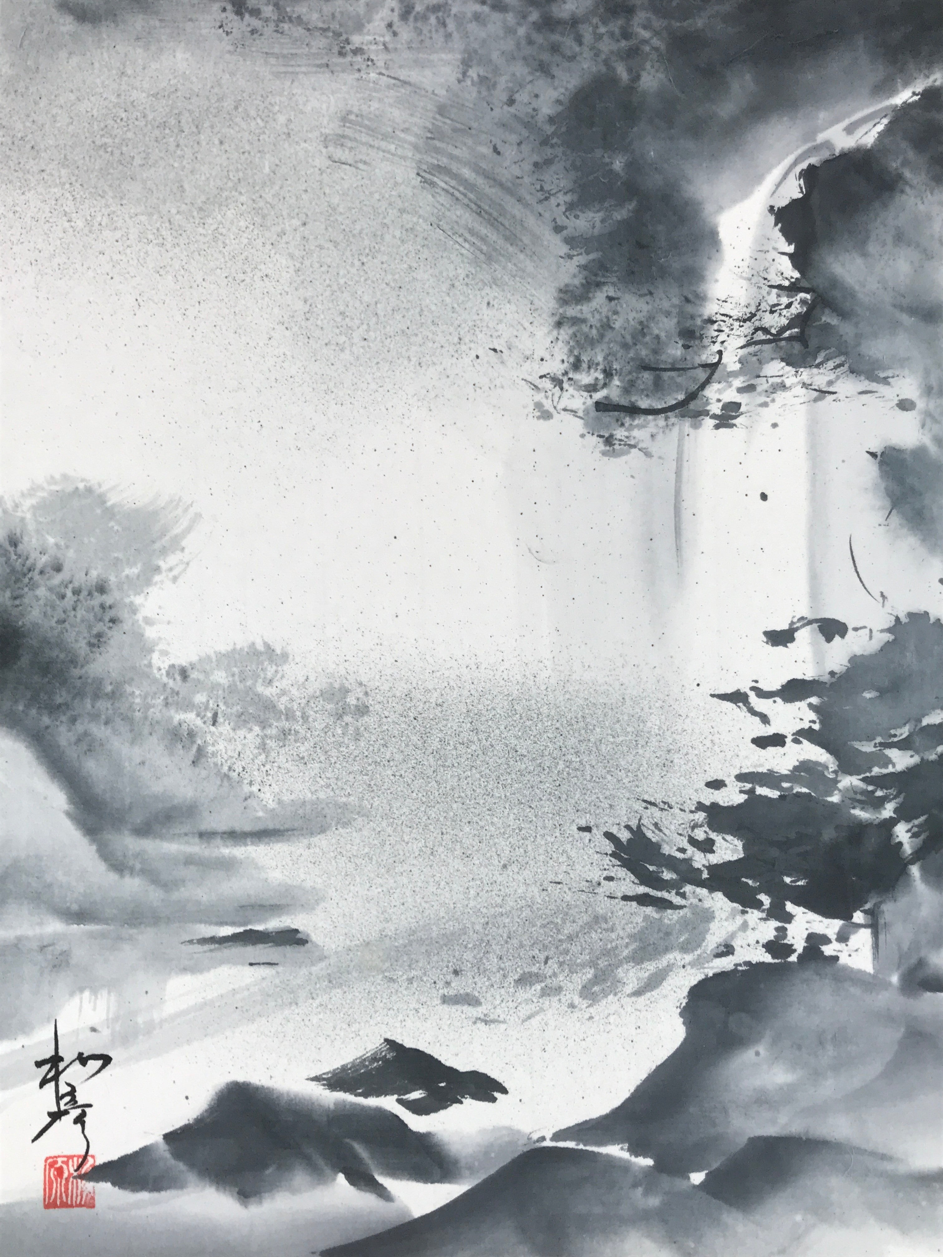 Japanese Shikishi Art Board Vtg Sumi-e Waterfall Landscape Monochrome A628