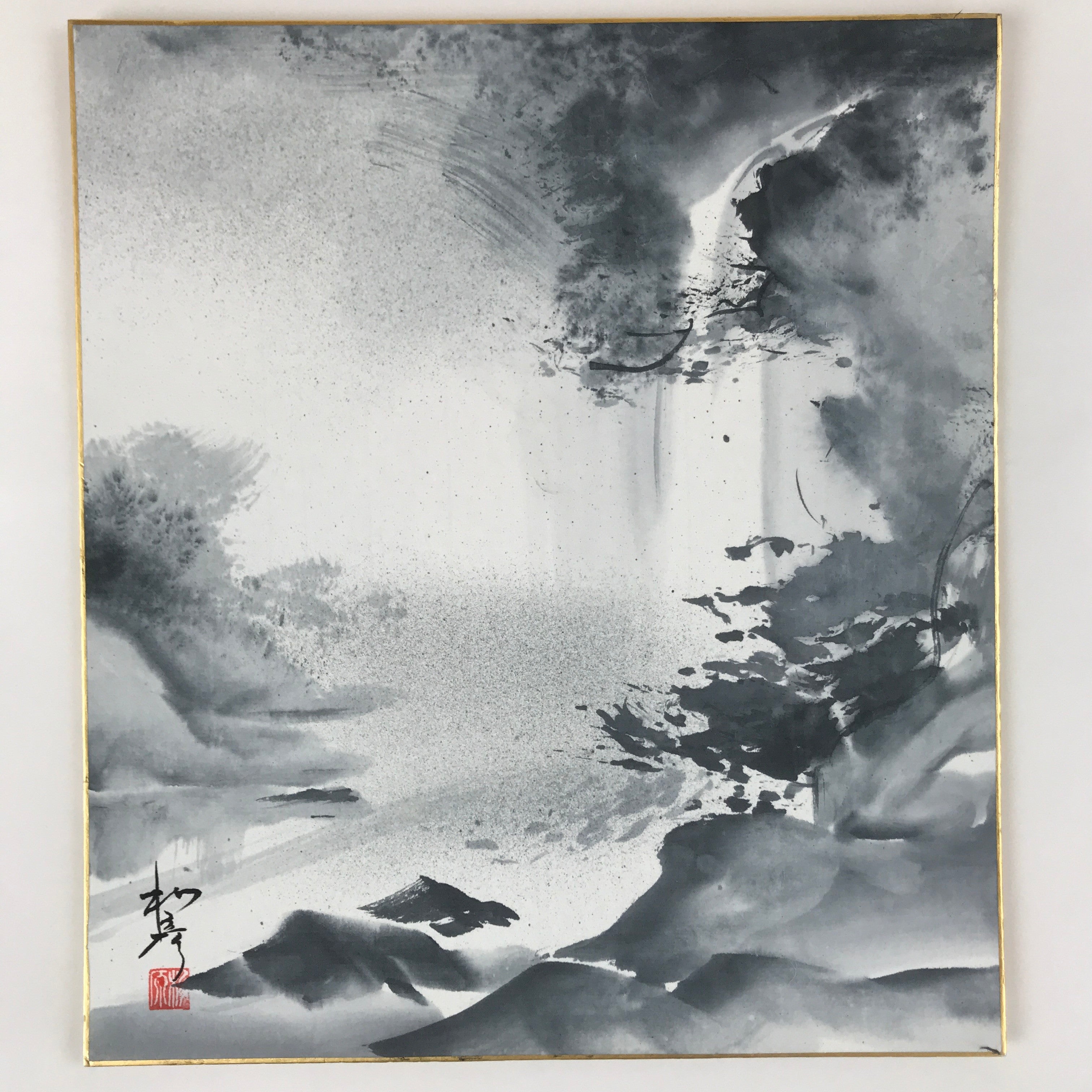Japanese Shikishi Art Board Vtg Sumi-e Waterfall Landscape Monochrome A628