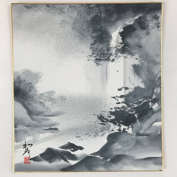 Japanese Shikishi Art Board Vtg Sumie Waterfall Landscape Monochrome
