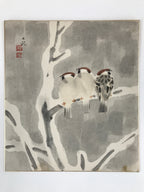 Japanese Shikishi Art Board Vtg Three Birds On Tree Winter Gray Brown A629