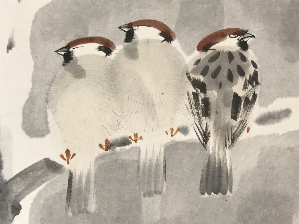 Japanese Shikishi Art Board Vtg Three Birds On Tree Winter Gray Brown A629