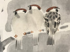 Japanese Shikishi Art Board Vtg Three Birds On Tree Winter Gray Brown A629