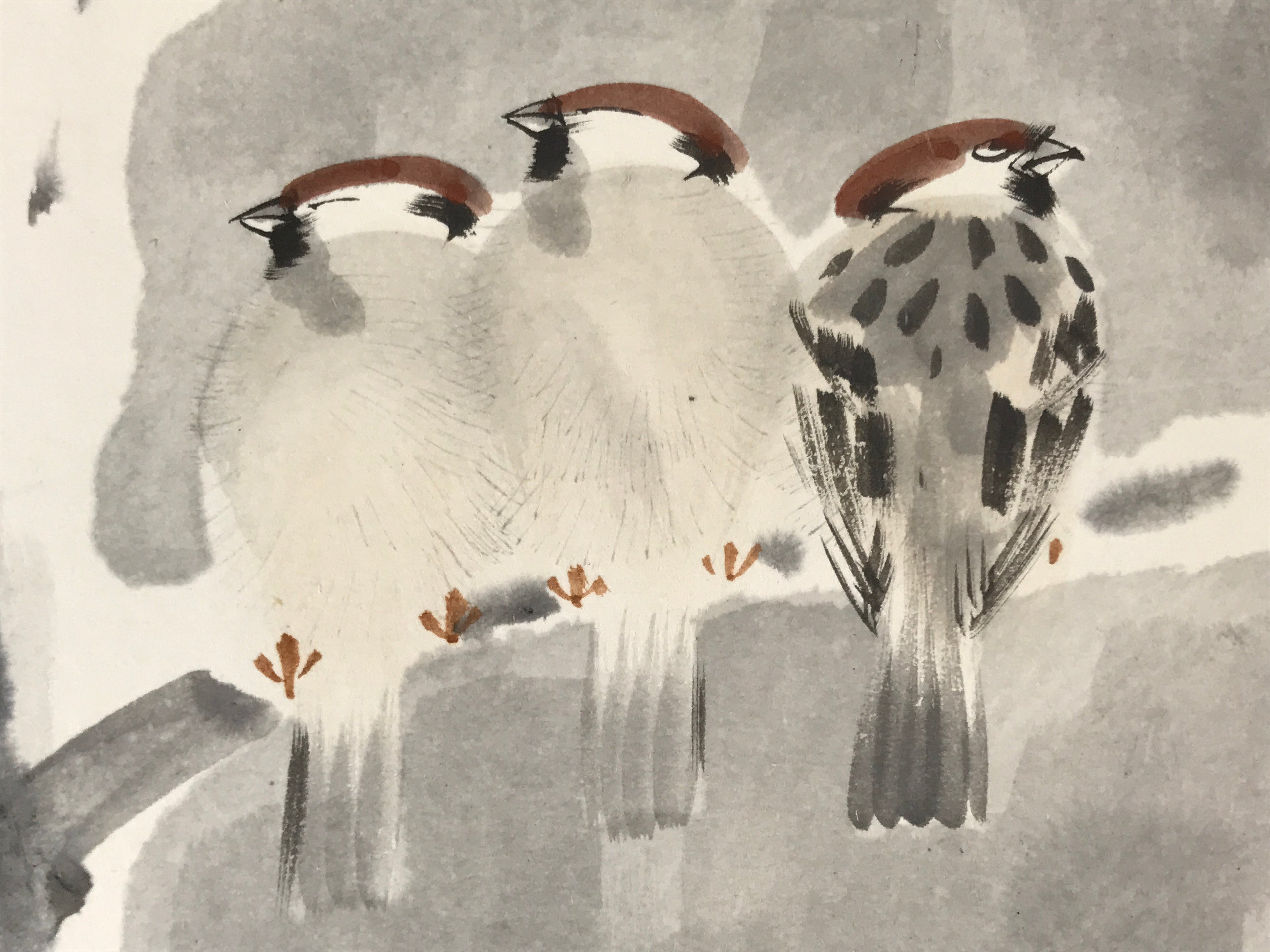 Japanese Shikishi Art Board Vtg Three Birds On Tree Winter Gray Brown A629