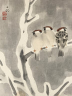 Japanese Shikishi Art Board Vtg Three Birds On Tree Winter Gray Brown A629