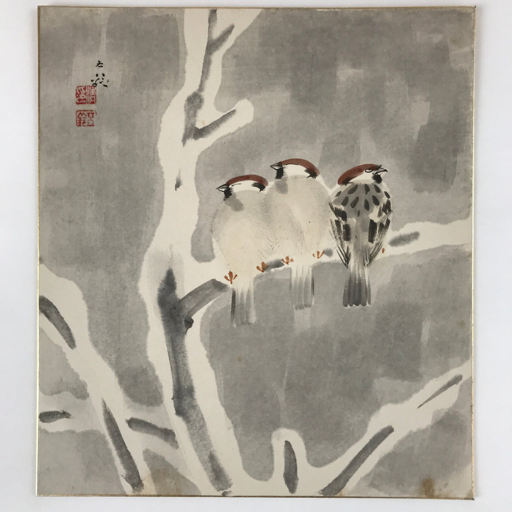 Japanese Shikishi Art Board Vtg Three Birds On Tree Winter Gray Brown A629