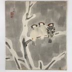 Japanese Shikishi Art Board Vtg Three Birds On Tree Winter Gray Brown A629