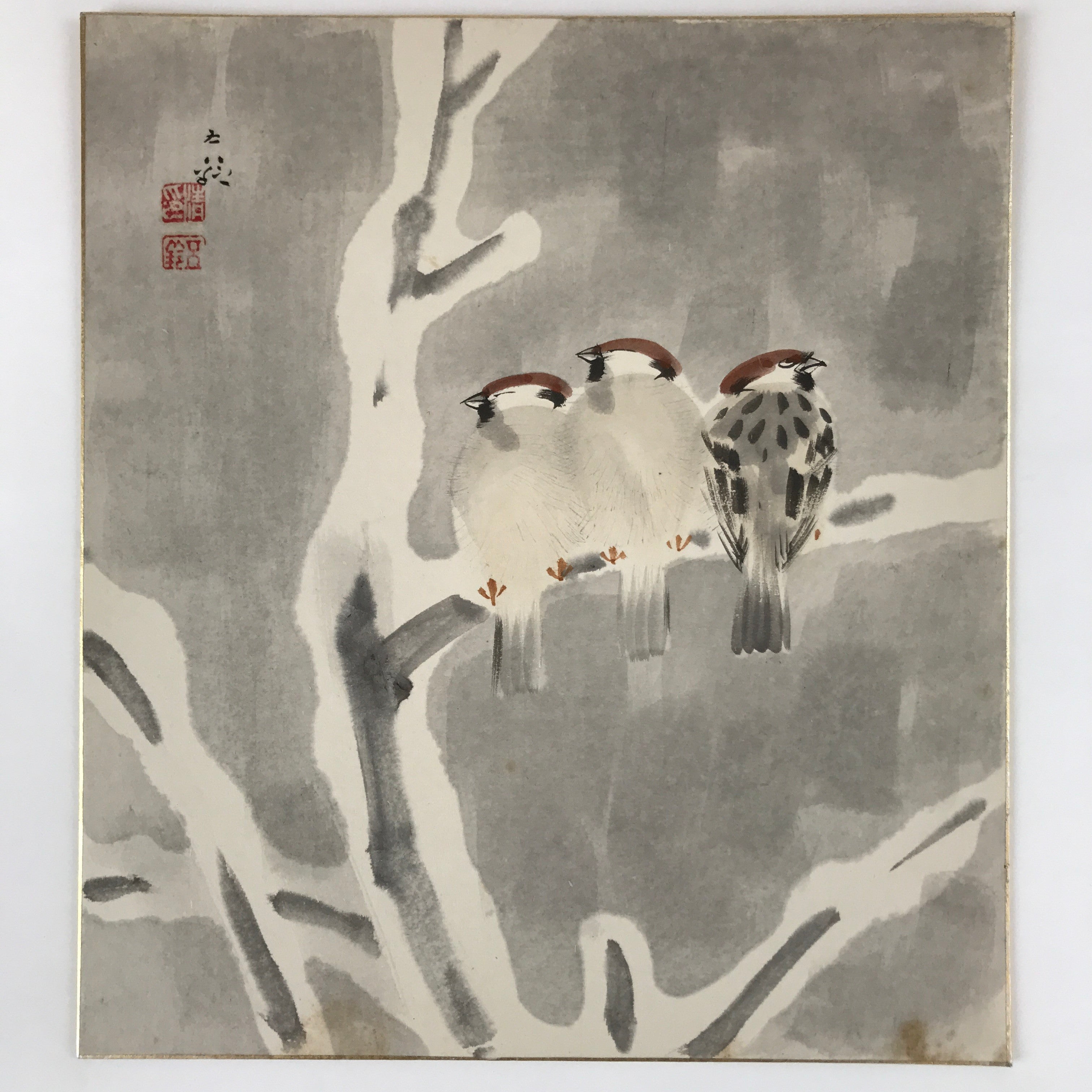 Japanese Shikishi Art Board Vtg Three Birds On Tree Winter Gray Brown A629