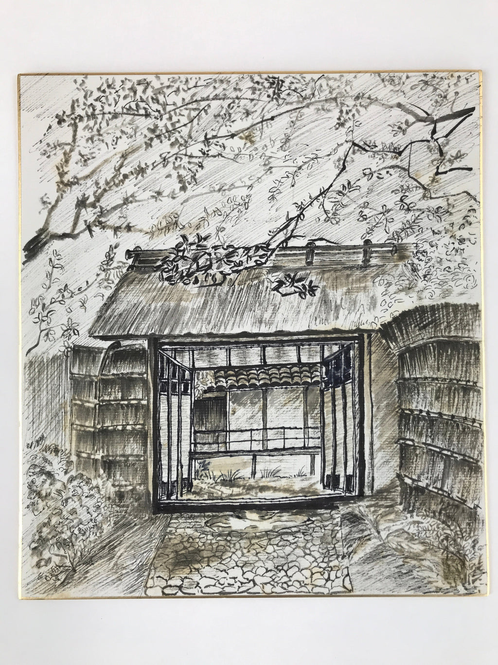 Japanese Shikishi Art Board Vtg Traditional House Entrance Gate Mon Black A634