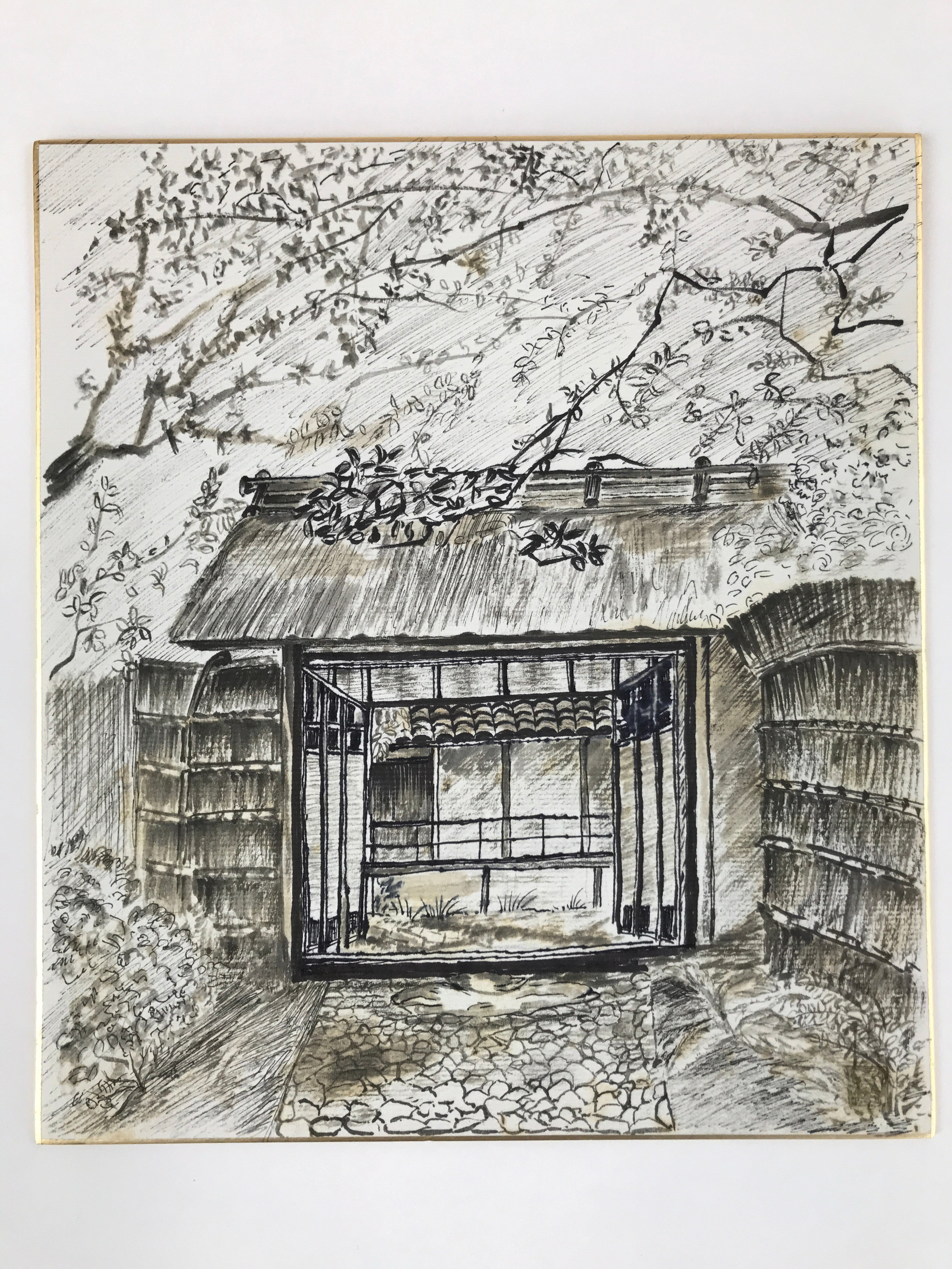 Japanese Shikishi Art Board Vtg Traditional House Entrance Gate Mon Black A634