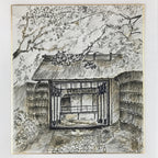 Japanese Shikishi Art Board Vtg Traditional House Entrance Gate Mon Black A634