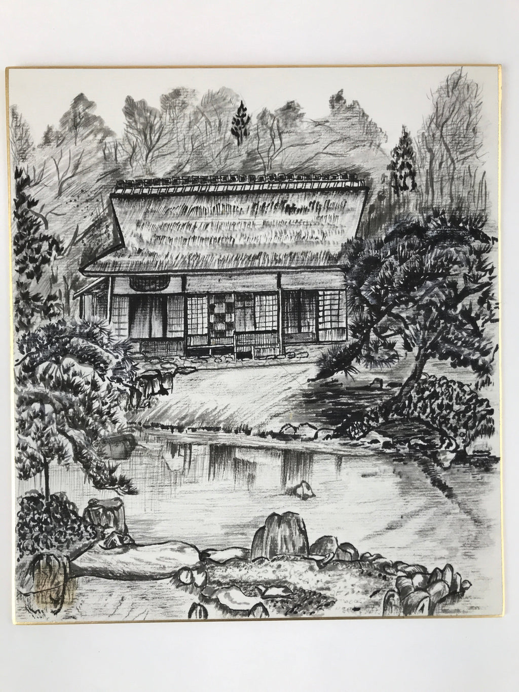 Japanese Shikishi Art Board Vtg Traditional House Pond Countryside Black A632