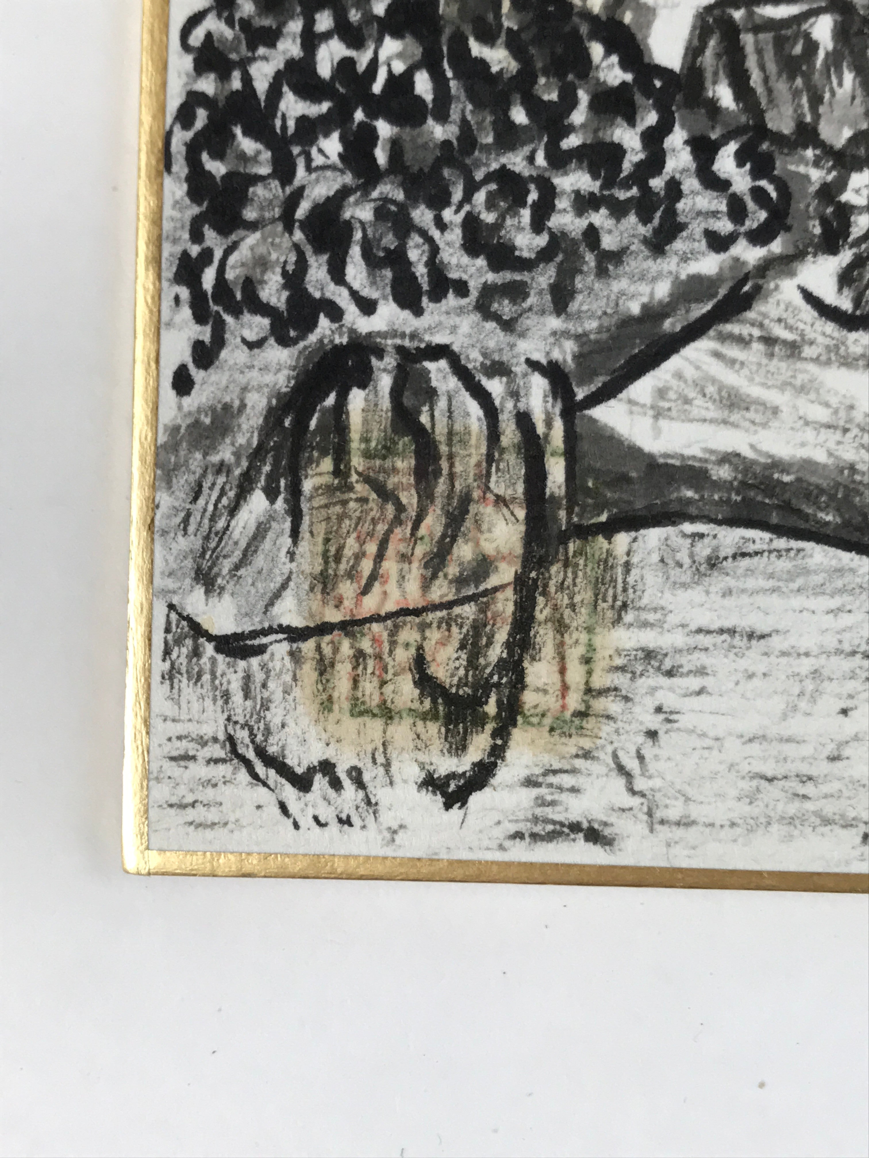 Japanese Shikishi Art Board Vtg Traditional House Pond Countryside Black A632