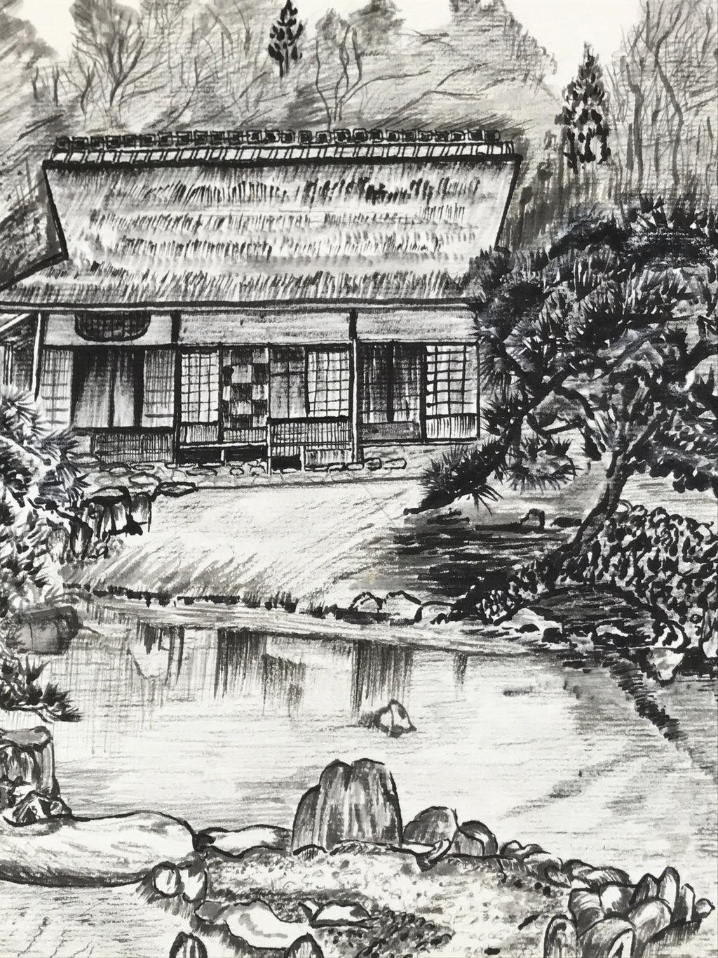 Japanese Shikishi Art Board Vtg Traditional House Pond Countryside Black A632