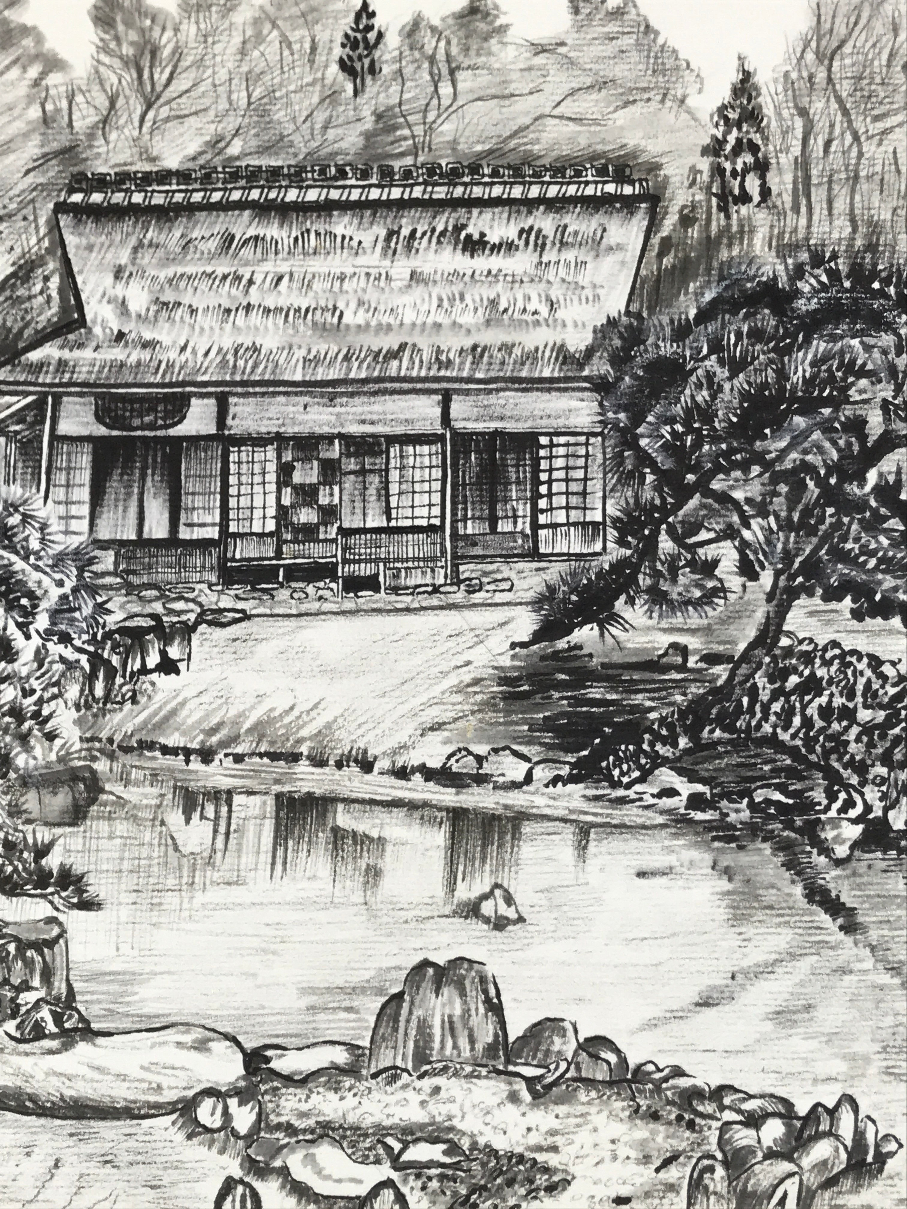 Japanese Shikishi Art Board Vtg Traditional House Pond Countryside Black A632