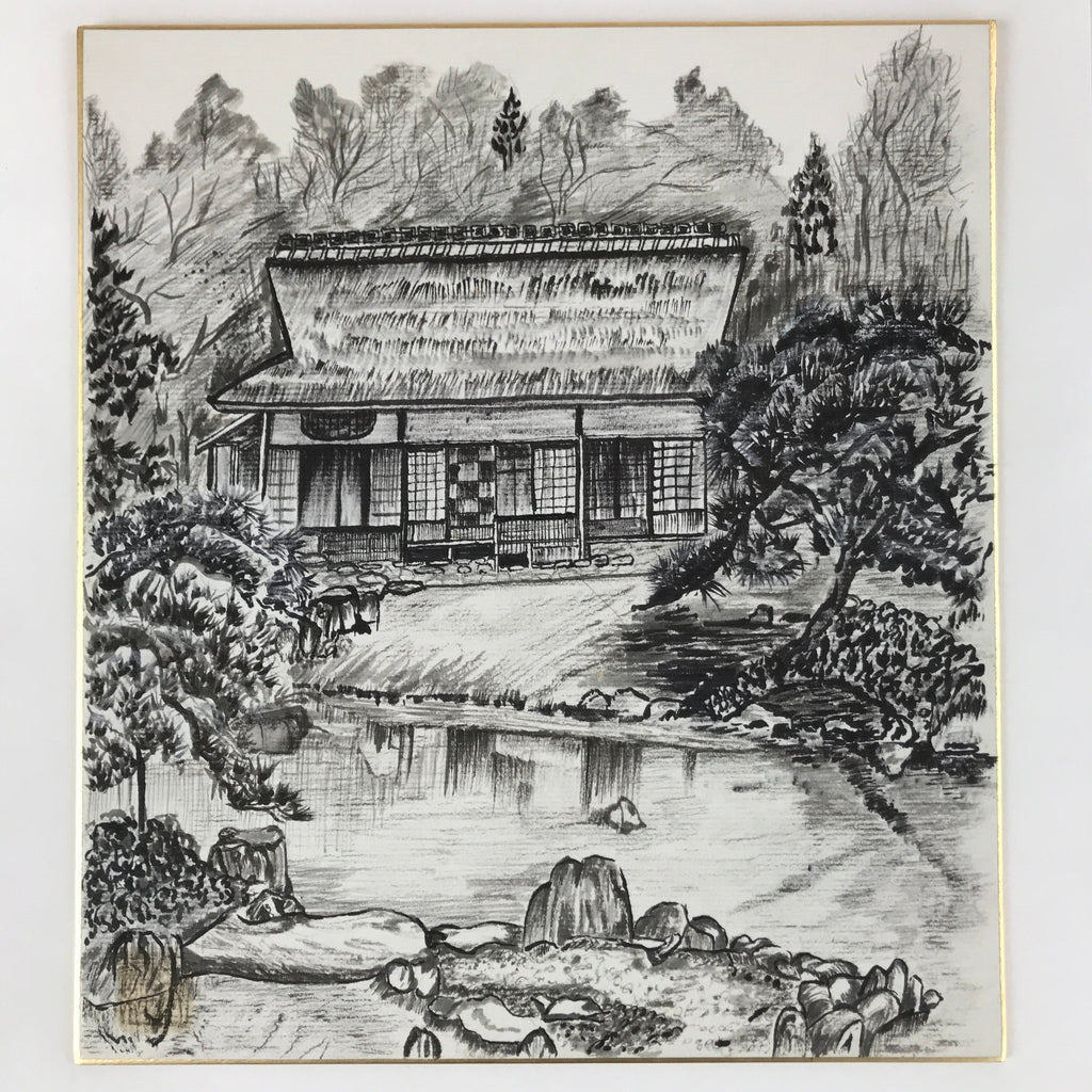 Japanese Shikishi Art Board Vtg Traditional House Pond Countryside Black A632