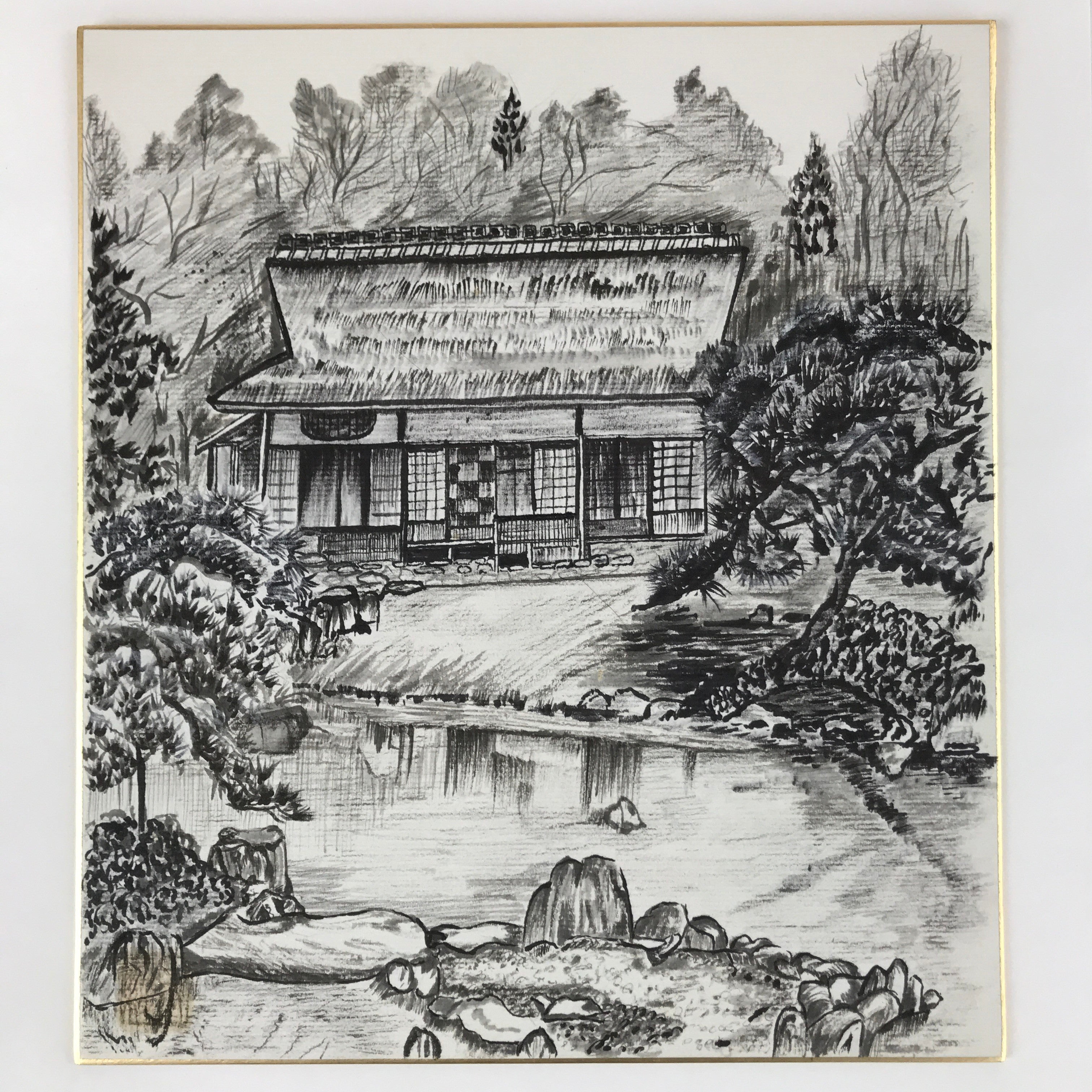 Japanese Shikishi Art Board Vtg Traditional House Pond Countryside Black A632