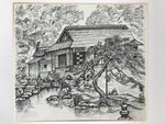 Japanese Shikishi Art Board Vtg Traditional House Pond Pine Tree Black A633