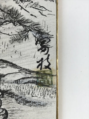 Japanese Shikishi Art Board Vtg Traditional House Pond Pine Tree Black A633