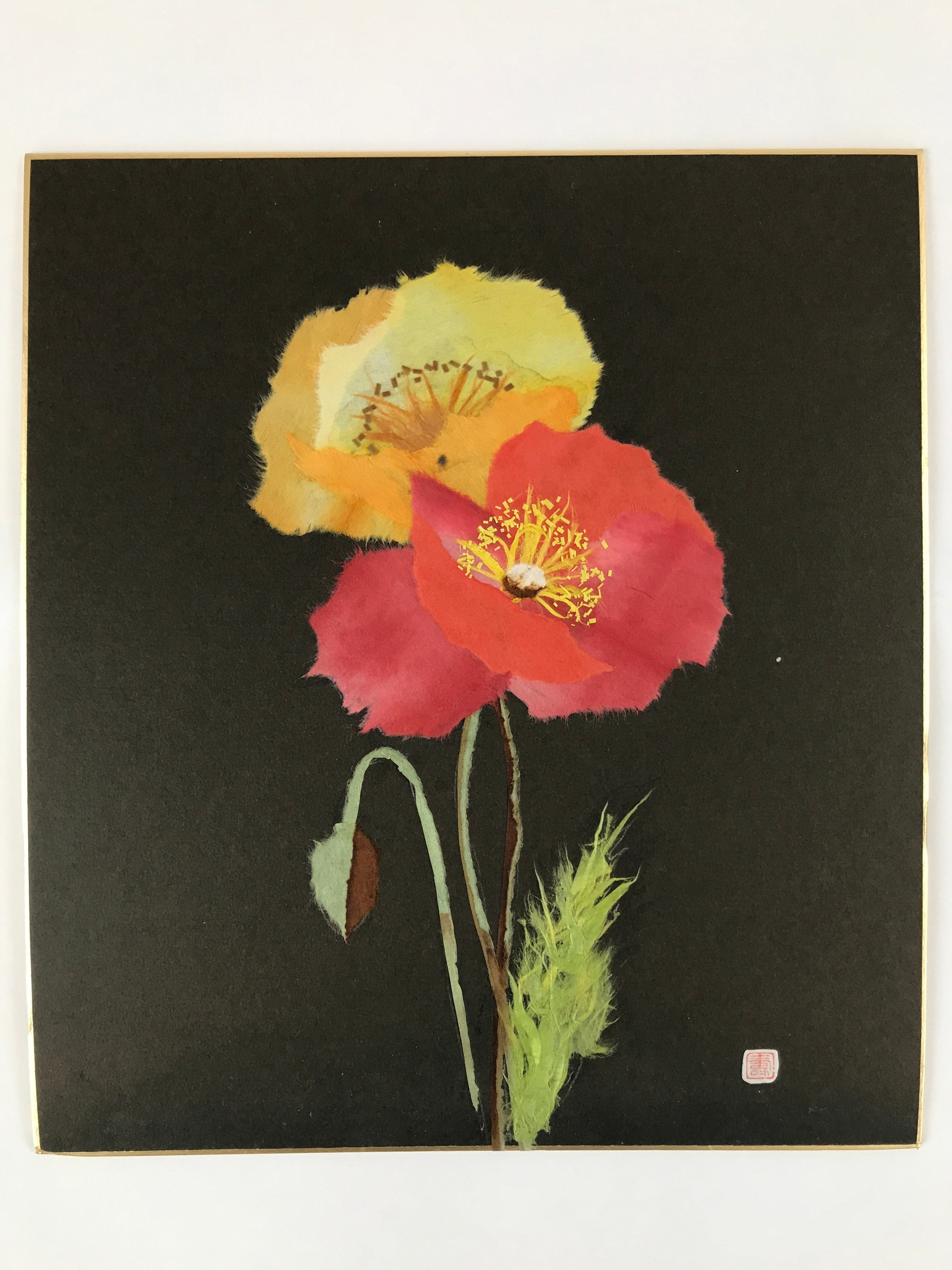 Japanese Shikishi Art Board Washi Chigiri Poppy Flowers Red Yellow Black A615