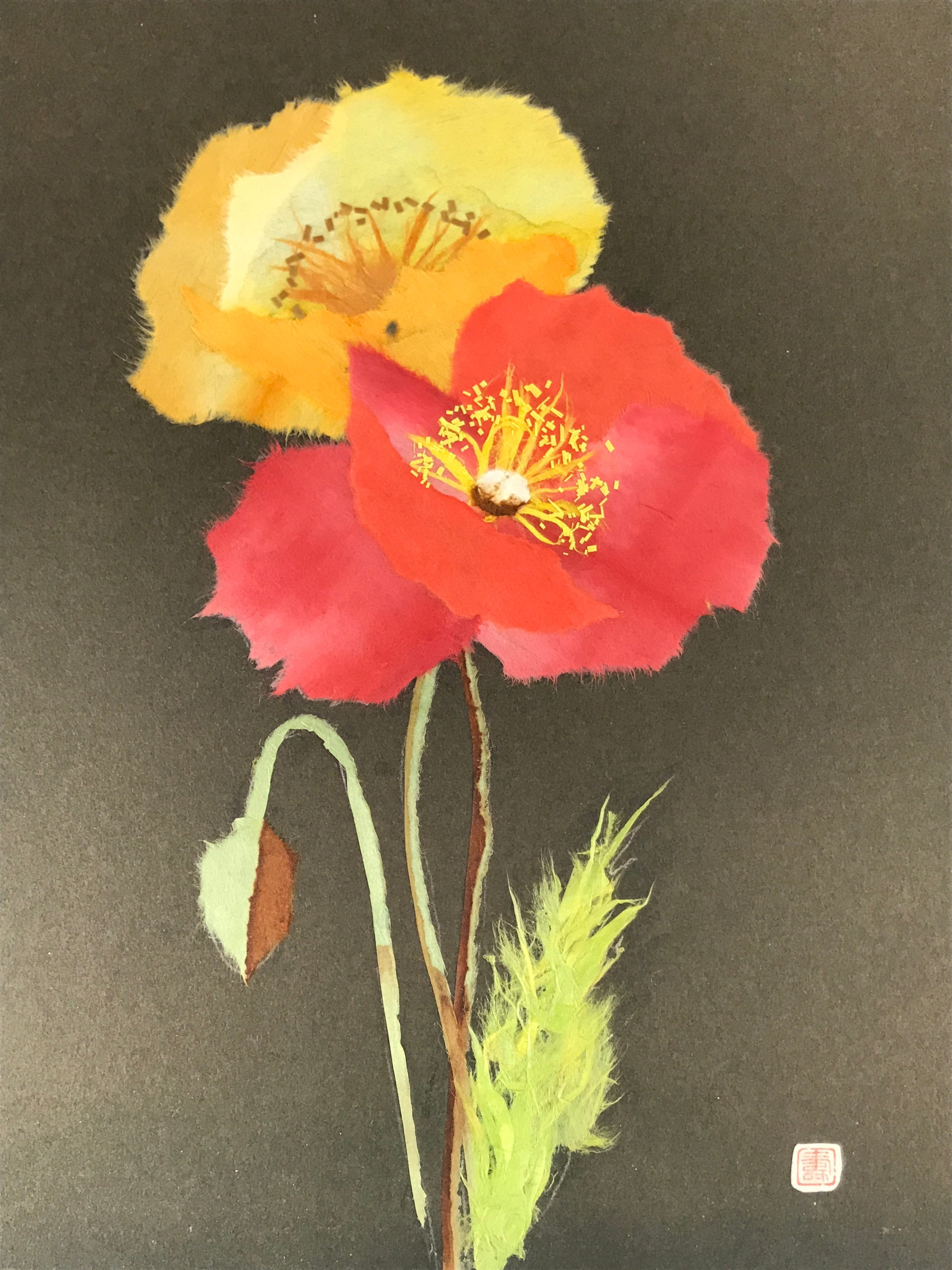 Japanese Shikishi Art Board Washi Chigiri Poppy Flowers Red Yellow Black A615