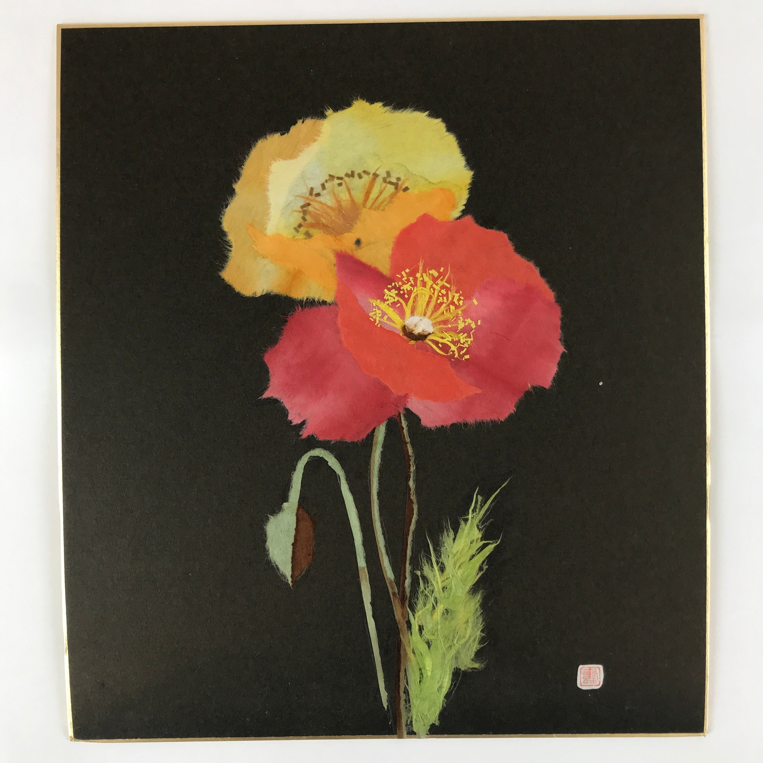 Japanese Shikishi Art Board Washi Chigiri Poppy Flowers Red Yellow Black A615