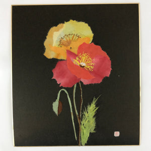 Japanese Shikishi Art Board Washi Chigiri Poppy Flowers Red Yellow Black A615