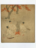 Japanese Shikishi Art Reproduction Takatori Wakanari Men Resting Campfire A644