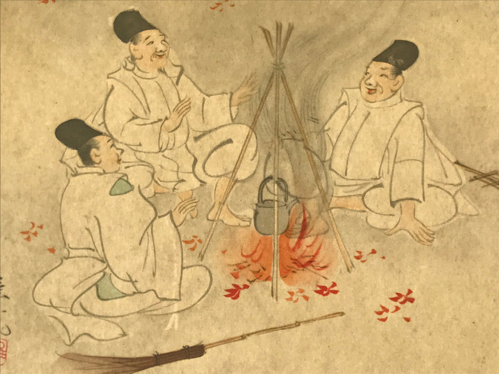Japanese Shikishi Art Reproduction Takatori Wakanari Men Resting Campfire A644