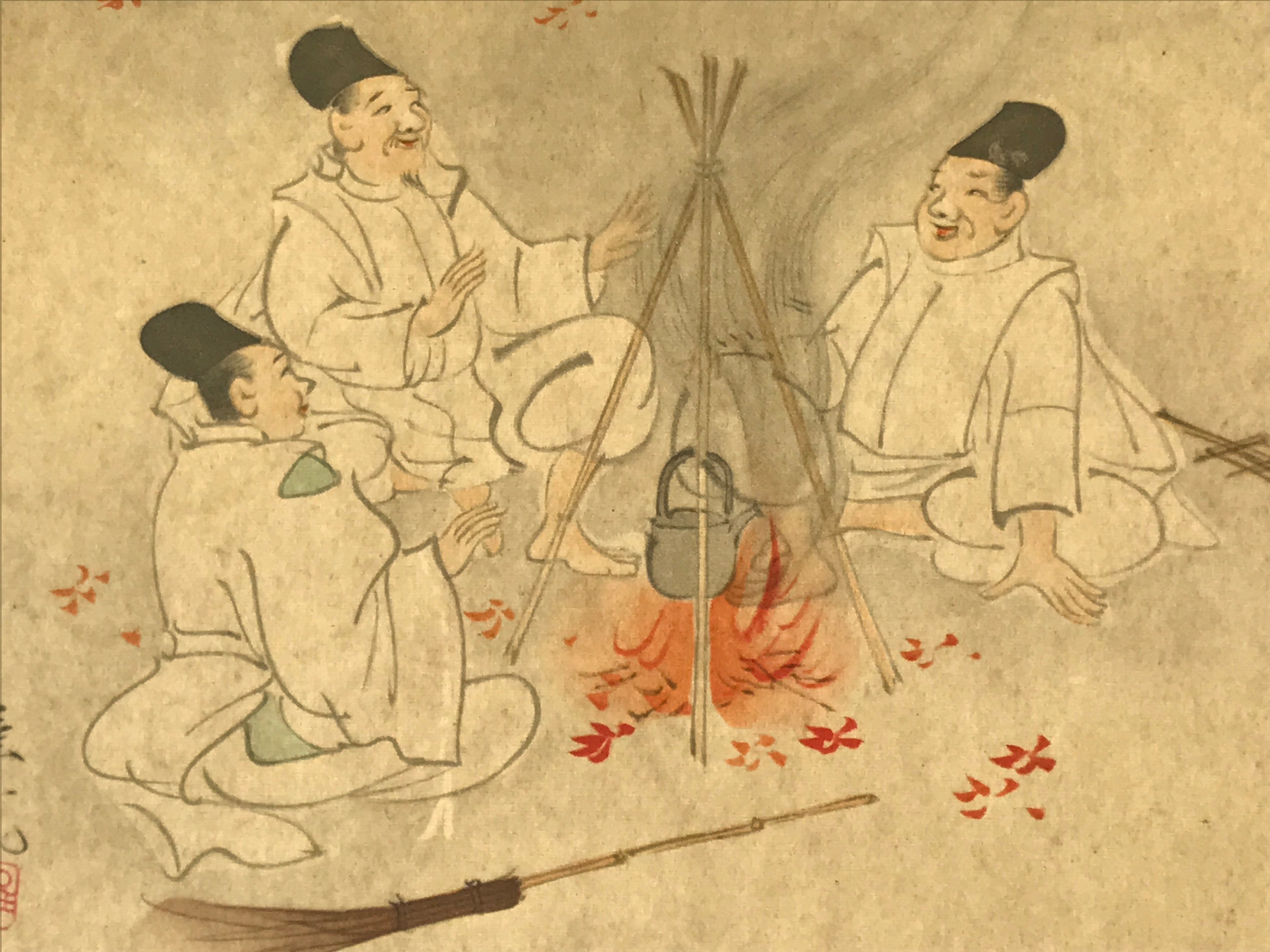 Japanese Shikishi Art Reproduction Takatori Wakanari Men Resting Campfire A644