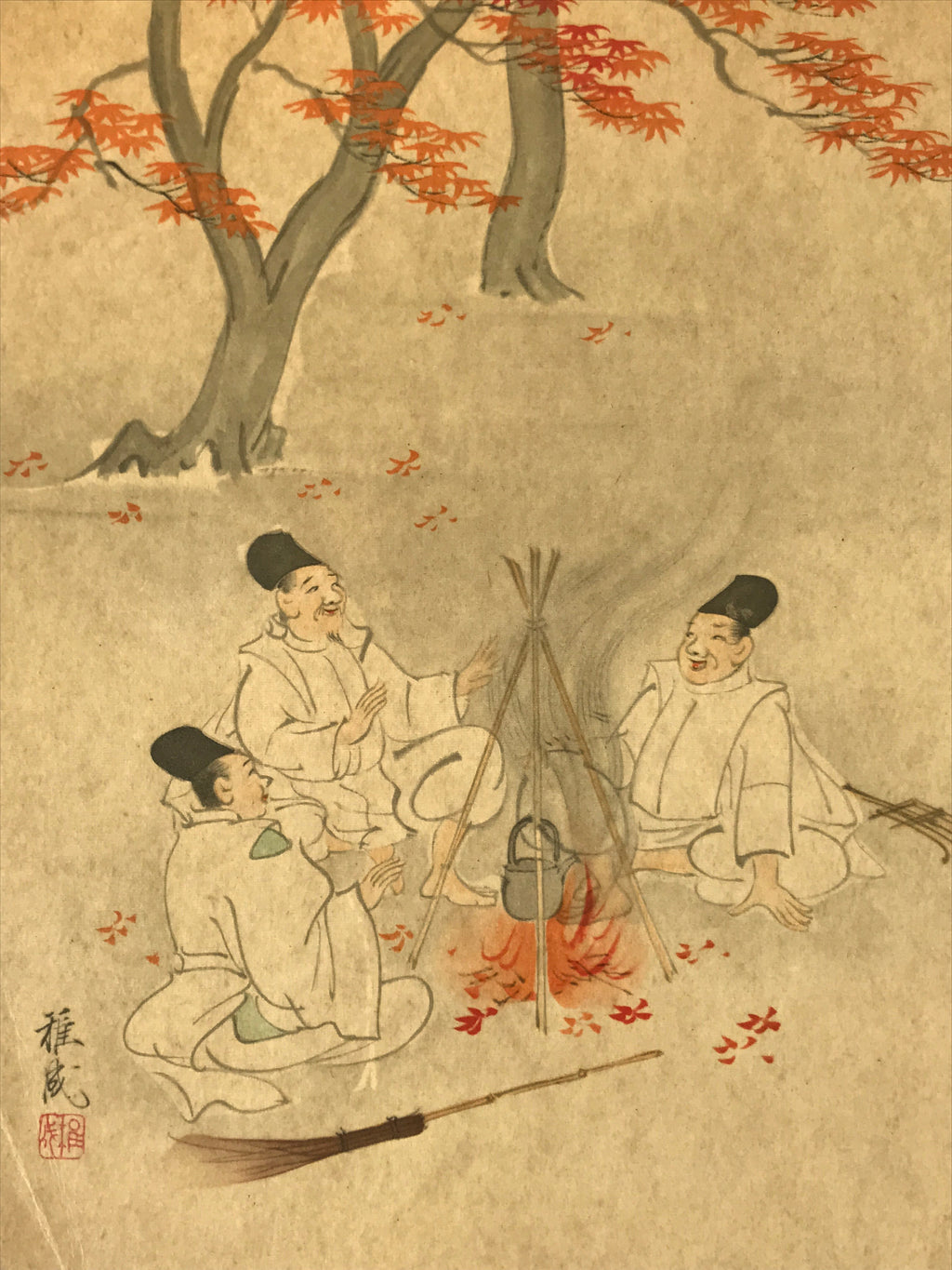 Japanese Shikishi Art Reproduction Takatori Wakanari Men Resting Campfire A644
