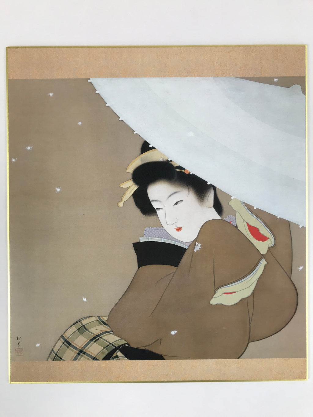 Japanese Shikishi Printed Reproduction Shoen Uemura Hatsuyuki Geisha Kimono A606