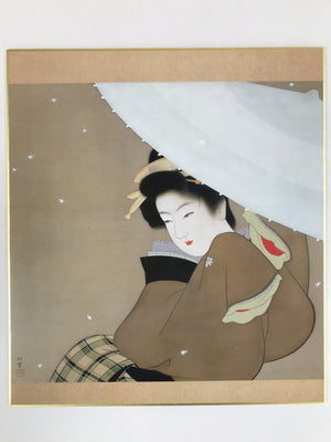 Japanese Shikishi Printed Reproduction Shoen Uemura Hatsuyuki Geisha Kimono A606