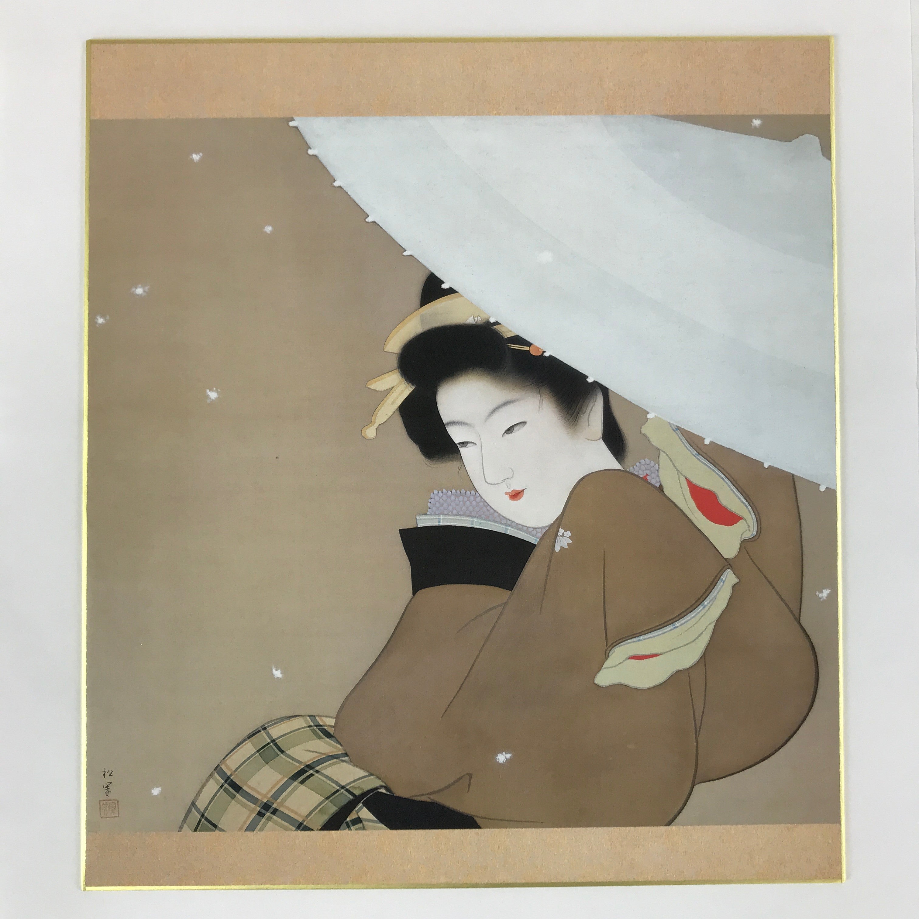 Japanese Shikishi Printed Reproduction Shoen Uemura Hatsuyuki Geisha Kimono A606