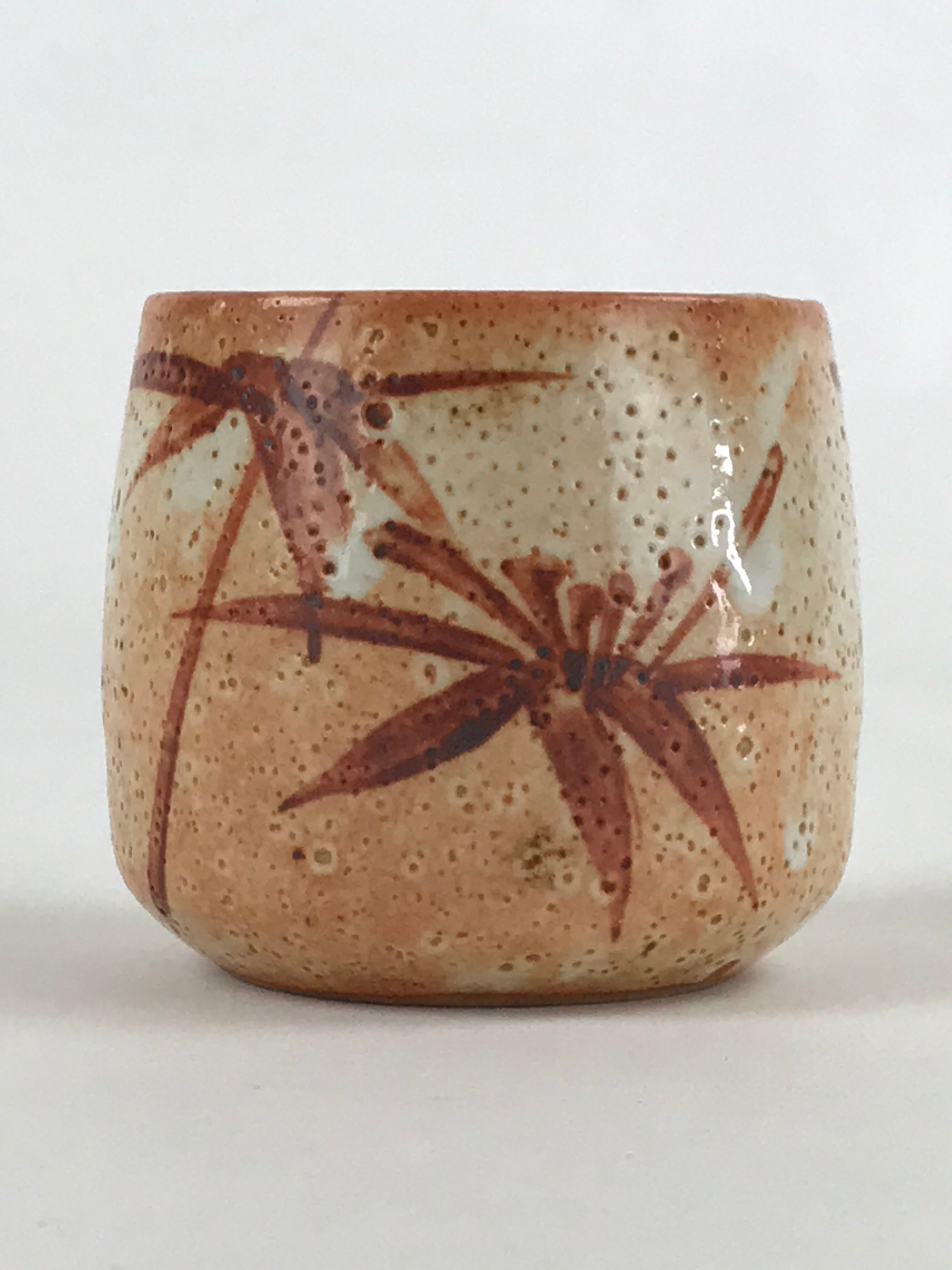 Japanese Shinoware Ceramic Yunomi Teacup Vtg Pottery Bamboo Red Brown TC344