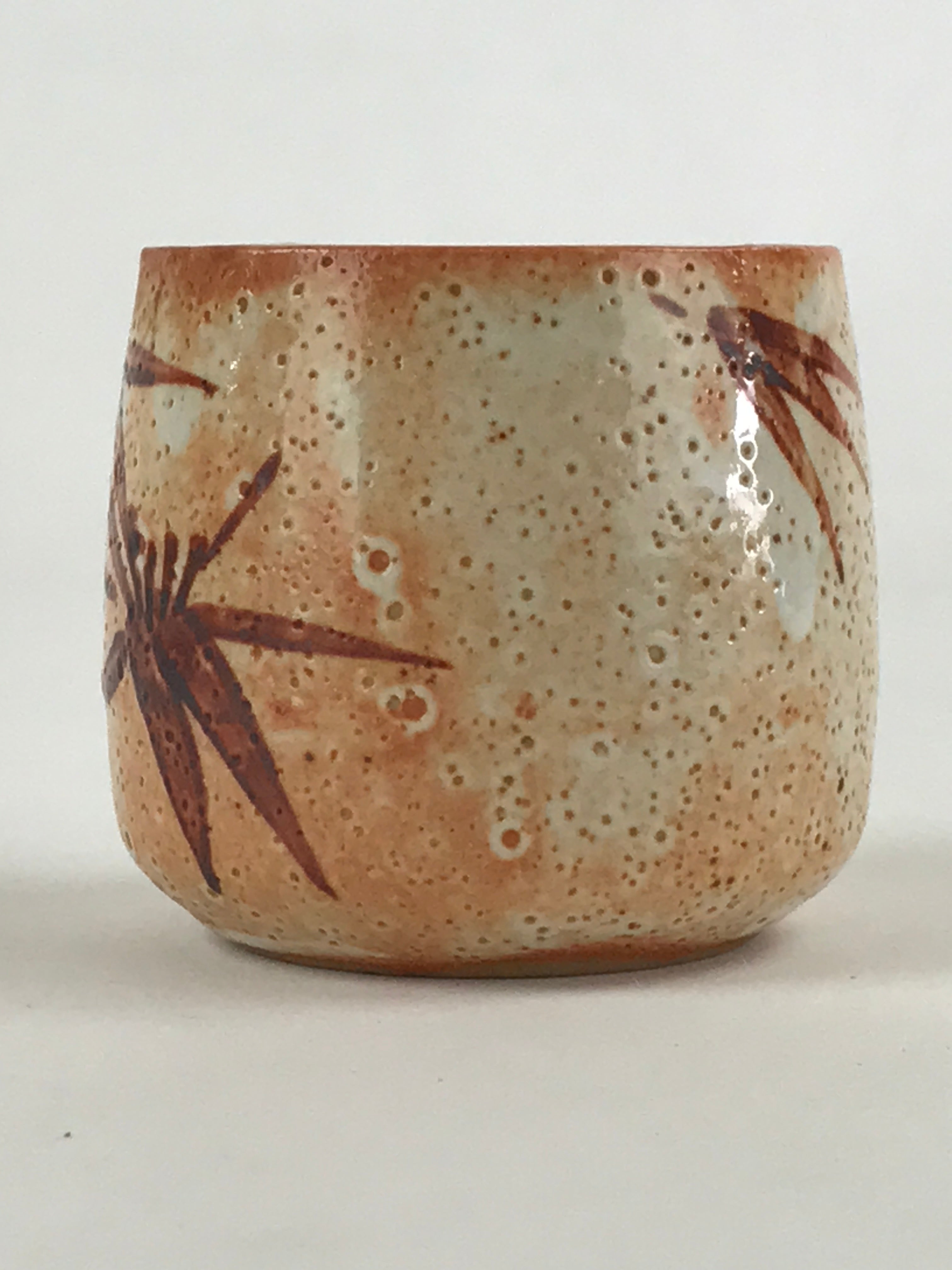 Japanese Shinoware Ceramic Yunomi Teacup Vtg Pottery Bamboo Red Brown TC345