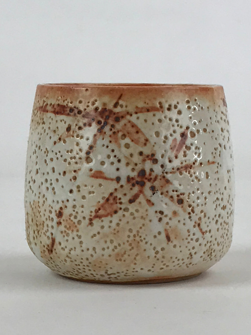 Japanese Shinoware Ceramic Yunomi Teacup Vtg Pottery Bamboo Red Brown TC350