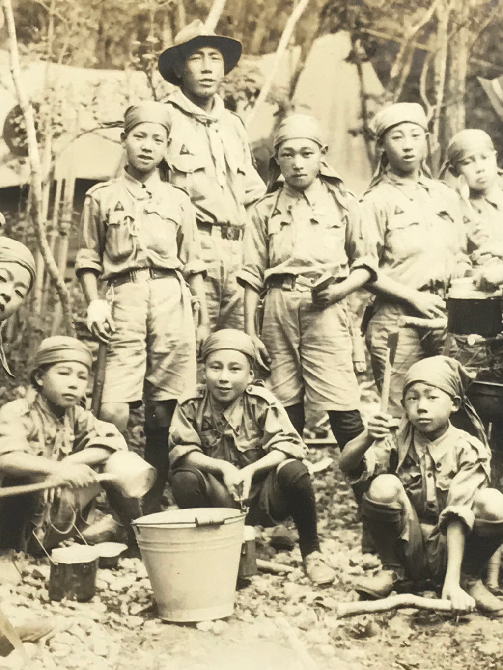 Japanese Showa Boy Scouts Troop Camp Photograph Vtg Scoutmaster Sepia Tone PH159