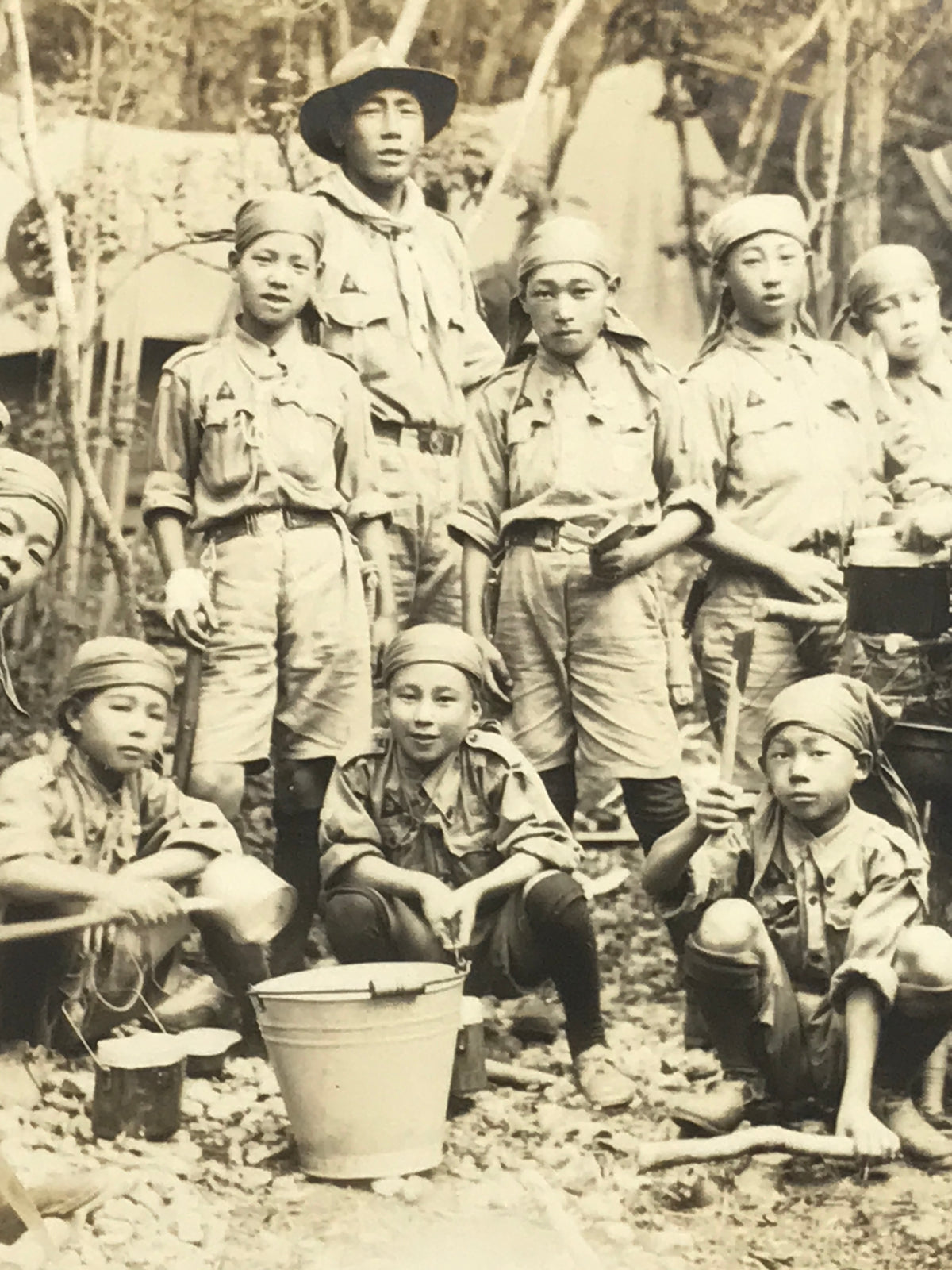 Japanese Showa Boy Scouts Troop Camp Photograph Vtg Scoutmaster Sepia Tone PH159