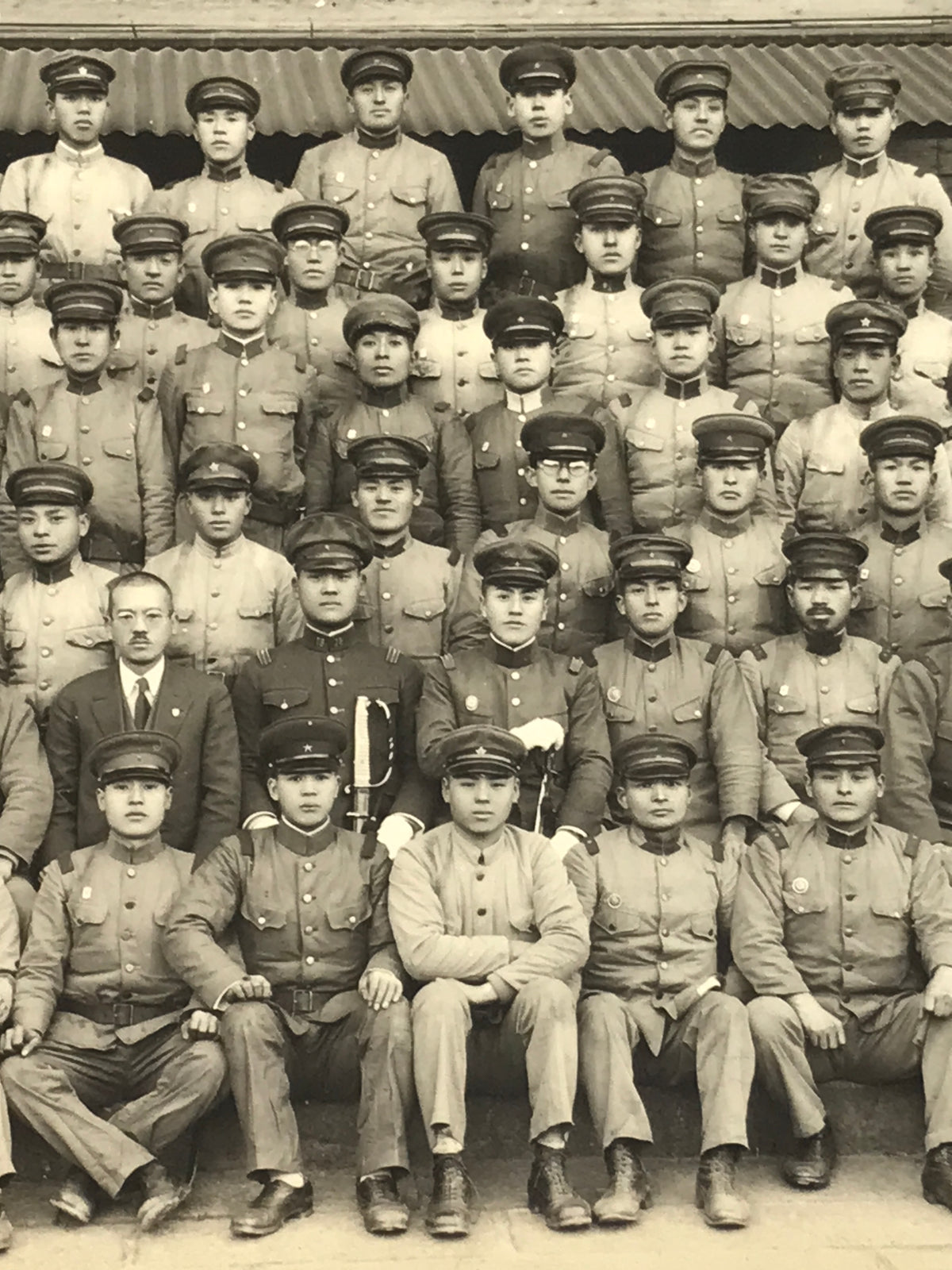 Japanese Showa Boys School Photograph Student Military Uniform Black White PH145