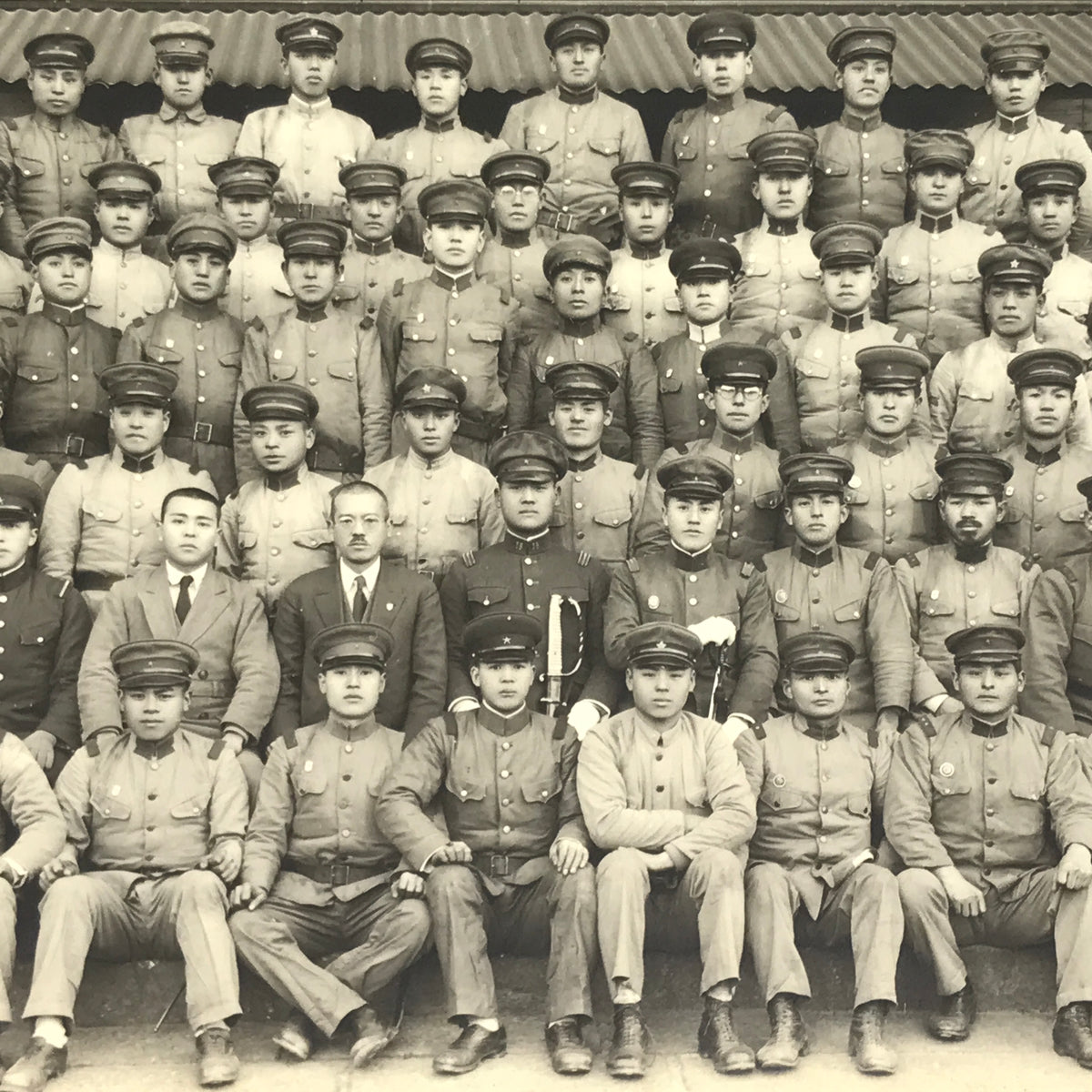 Japanese Showa Boys School Photograph Student Military Uniform Black White PH145
