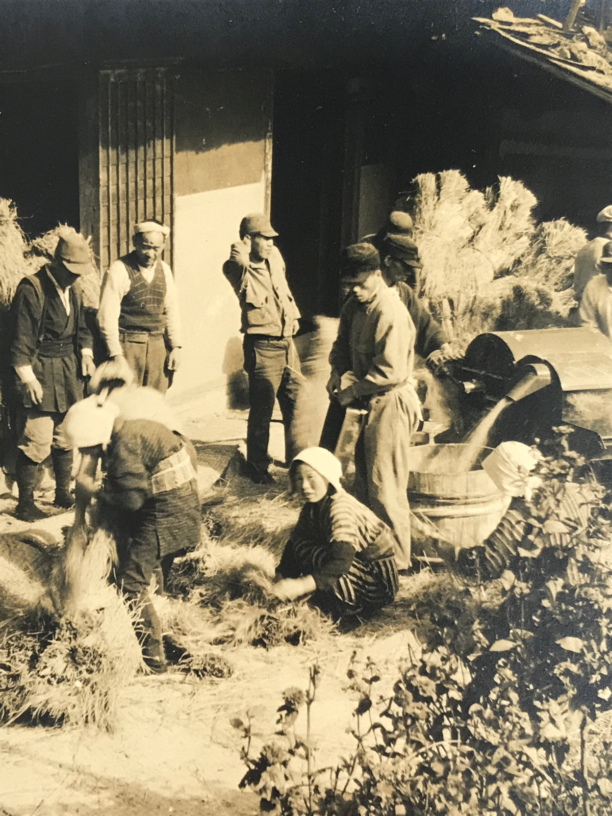 Japanese Showa Community Rice Processing Group Photograph Daily Life Sepia PH81