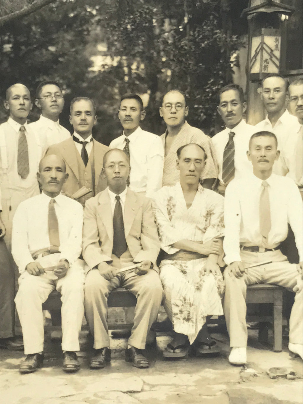 Japanese Showa Company Staff Group Photograph Vtg Suits Yukata Sepia Tone PH149