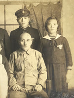 Japanese Showa Family Posed Portrait Photograph Vtg Kimono Uniform Sepia PH110
