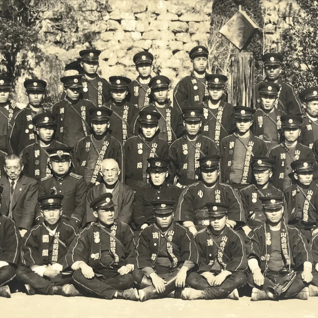 Japanese Showa Fire Department Group Photograph Firefighter Black White PH162