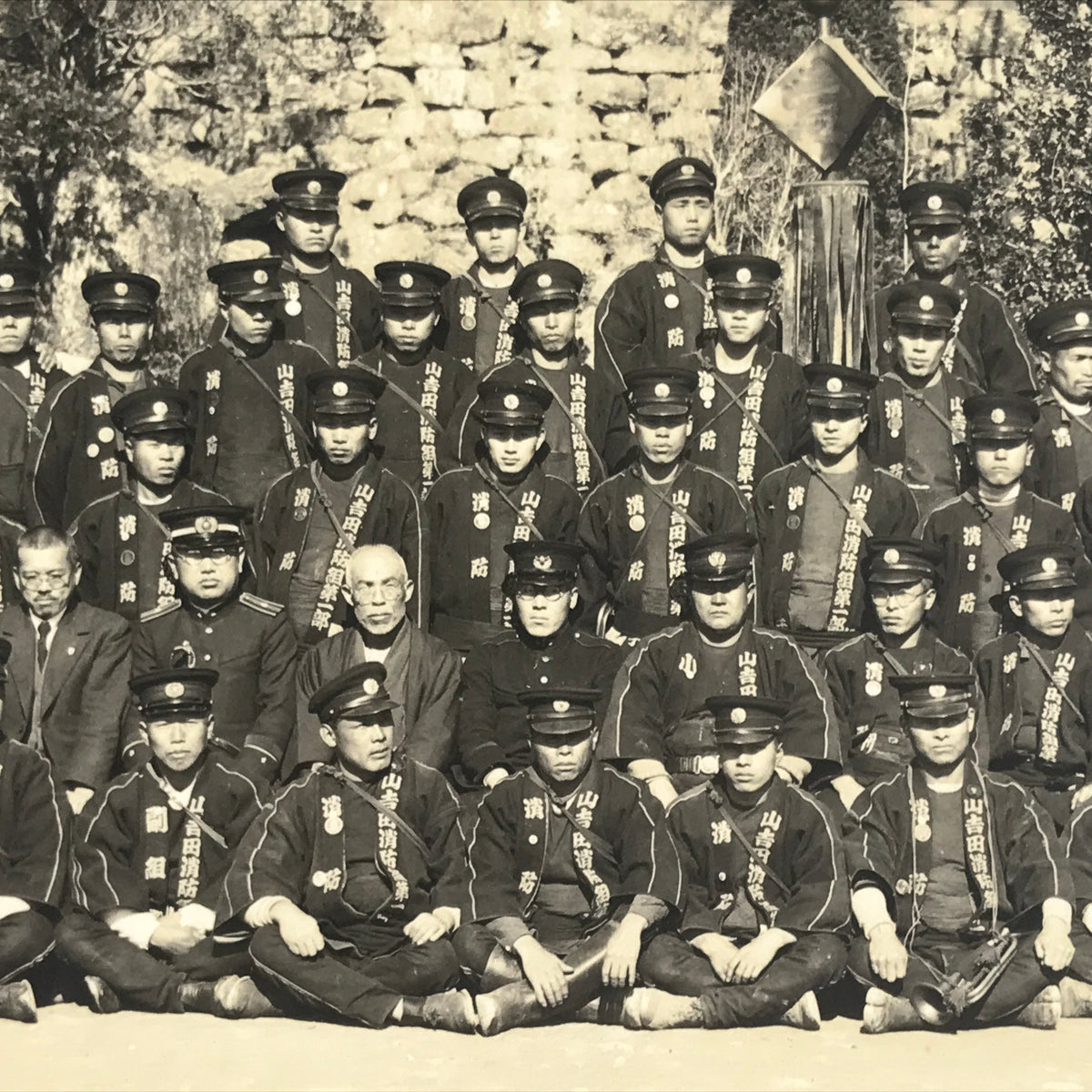 Japanese Showa Fire Department Group Photograph Firefighter Black White PH162