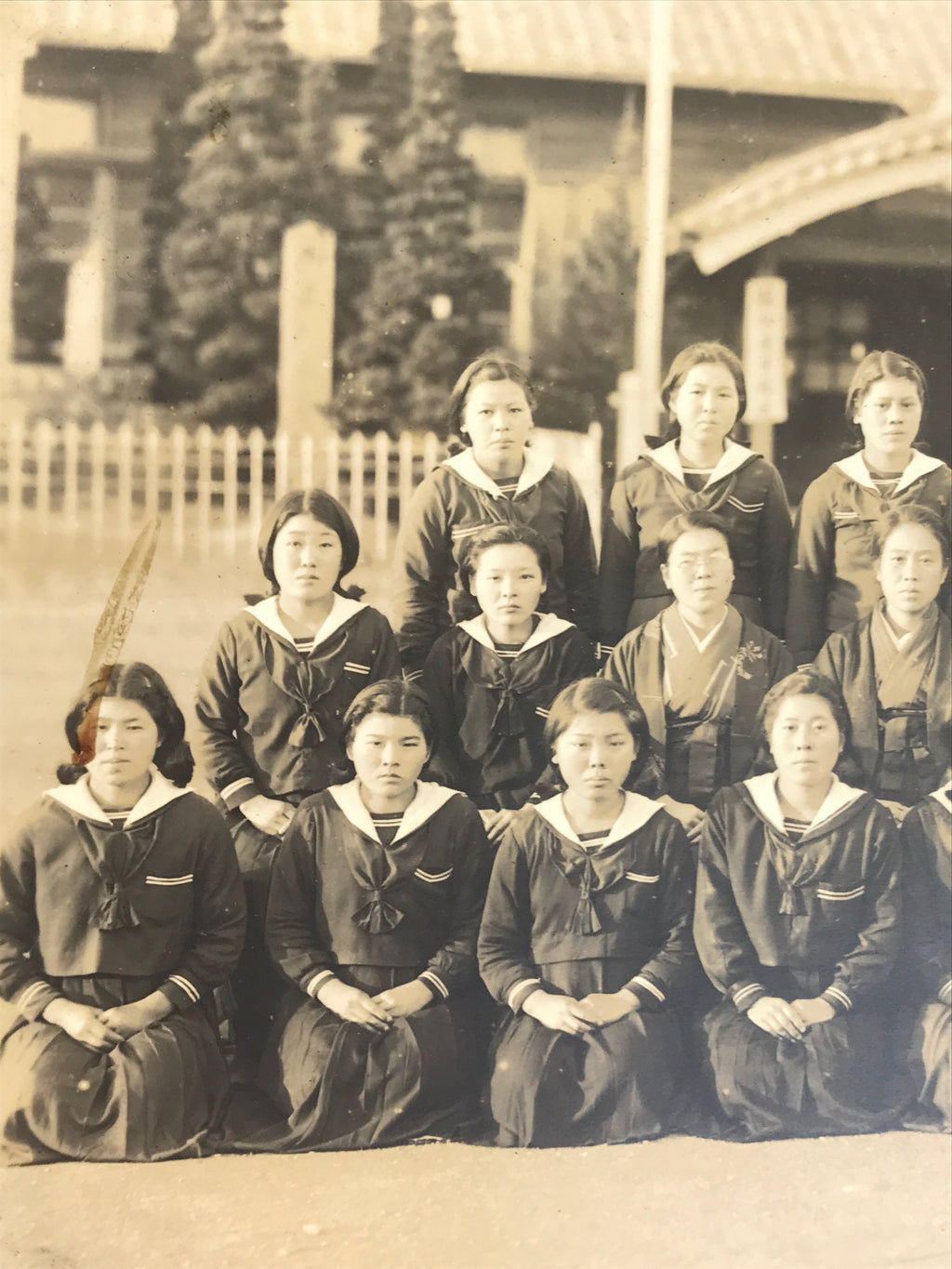 Japanese Showa Girls' School Class Photograph Group Student Uniform Sepia PH62