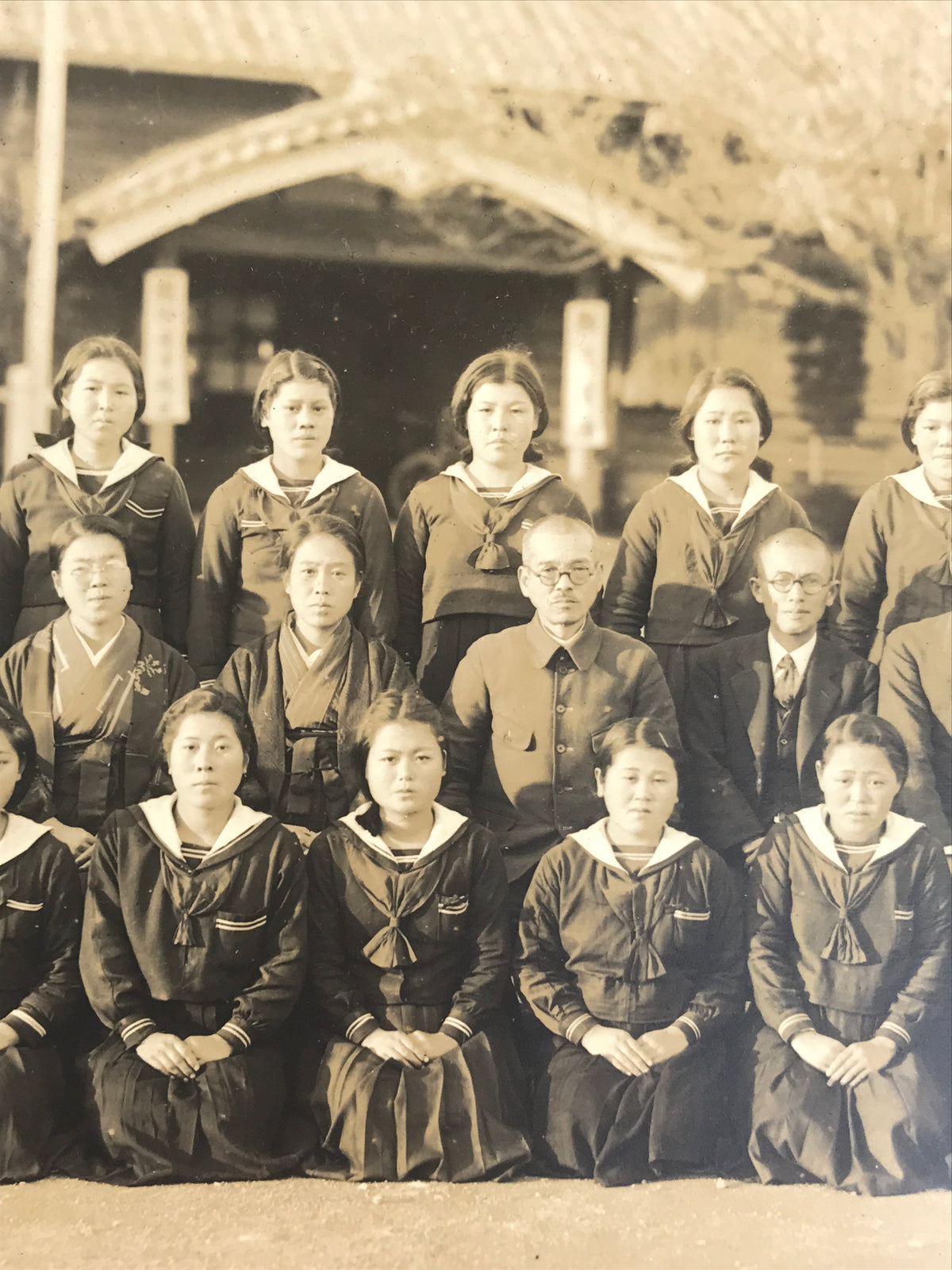 Japanese Showa Girls' School Class Photograph Group Student Uniform Sepia PH62