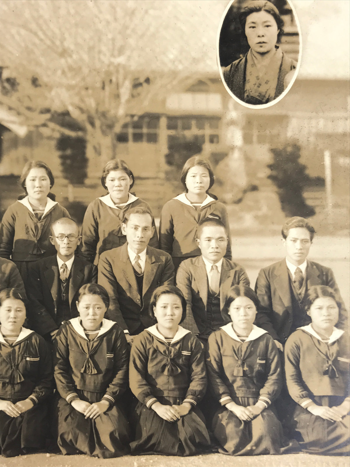 Japanese Showa Girls' School Class Photograph Group Student Uniform Sepia PH62
